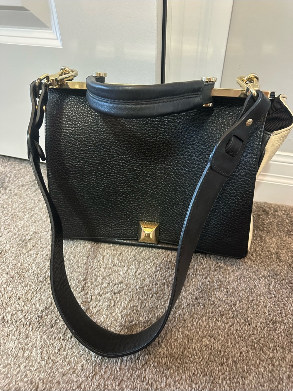 Furla Black and Cream Top Handle Satchel with Gold Hardware - Picture 3 of 6